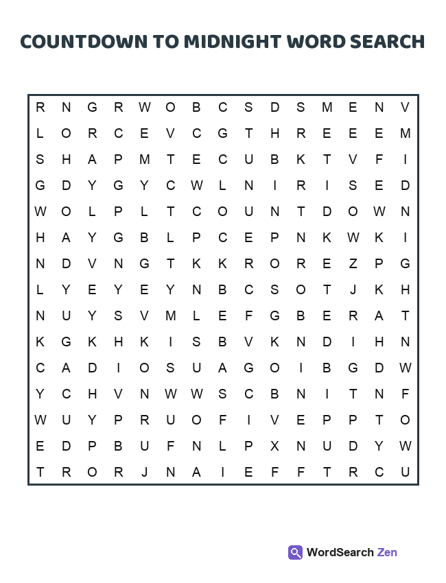 Countdown To Midnight Word Search printable puzzle sheet