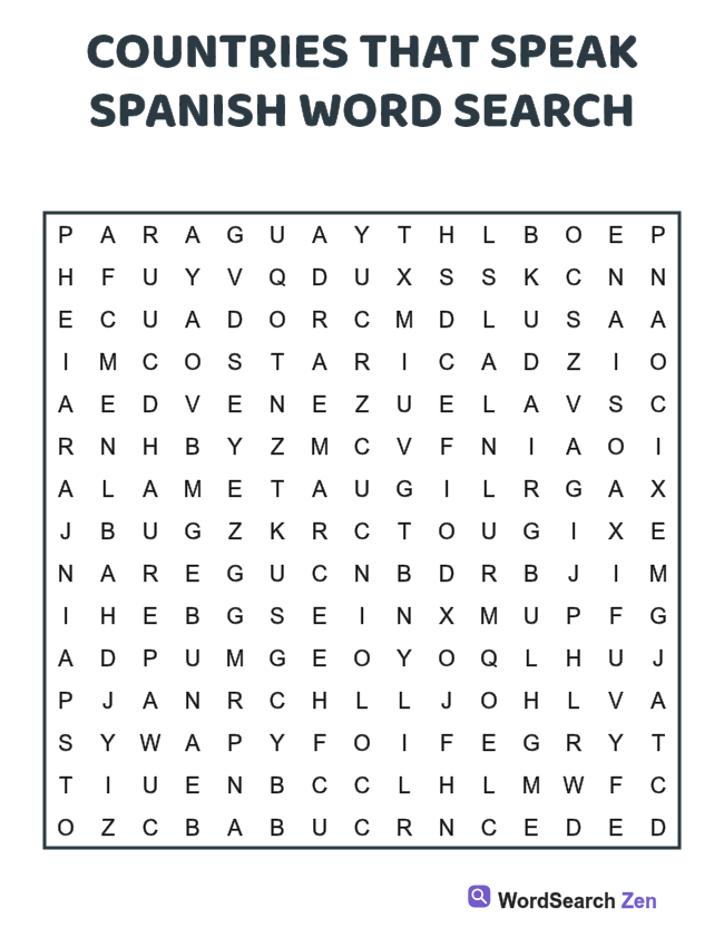Countries That Speak Spanish Word Search printable puzzle sheet