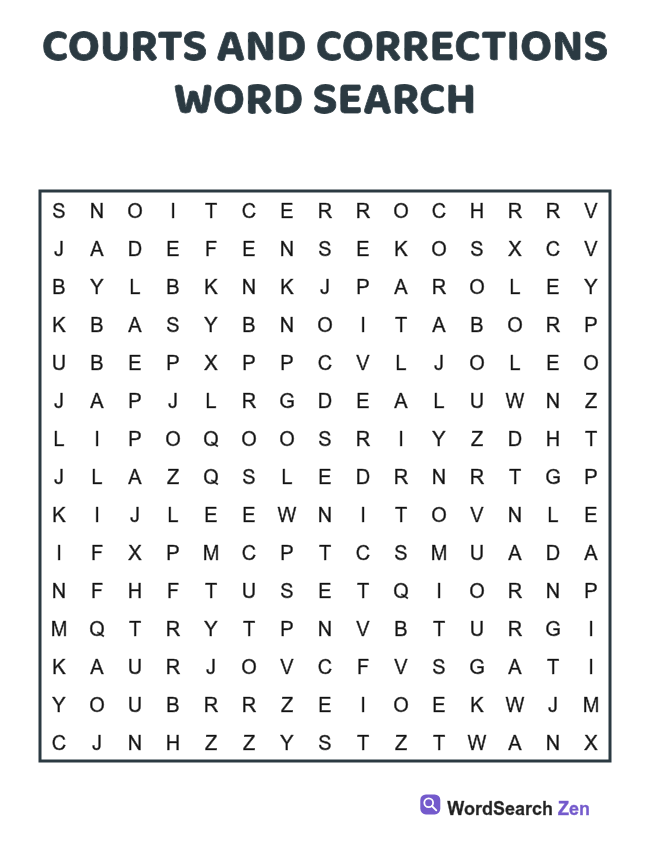 Courts and Corrections Word Search printable puzzle sheet