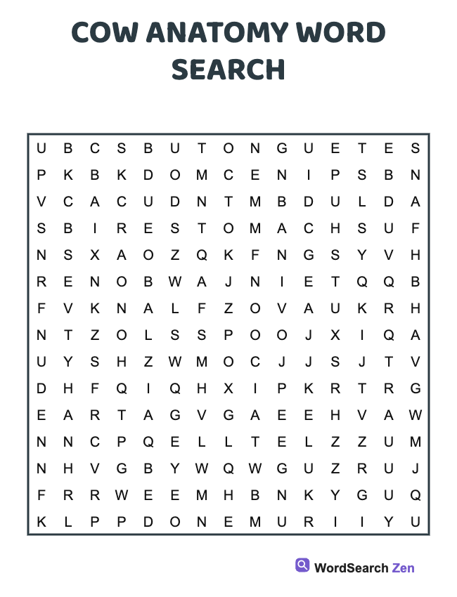 Cow Anatomy Word Search