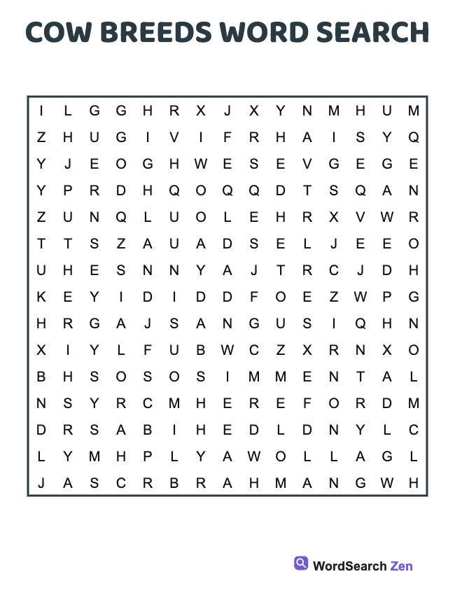 Cow Breeds Word Search