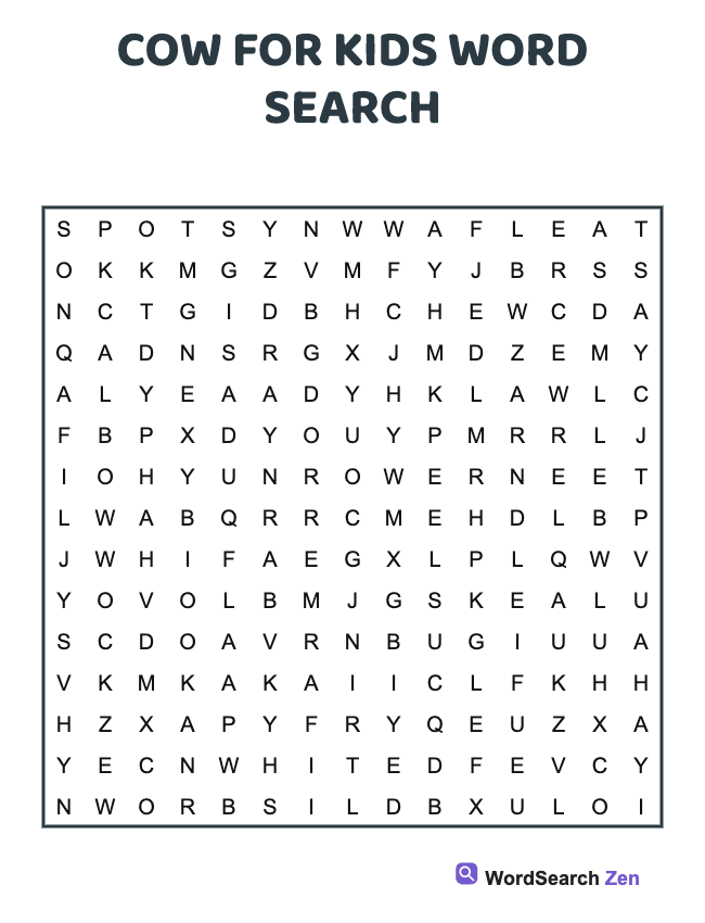 Cow For Kids Word Search