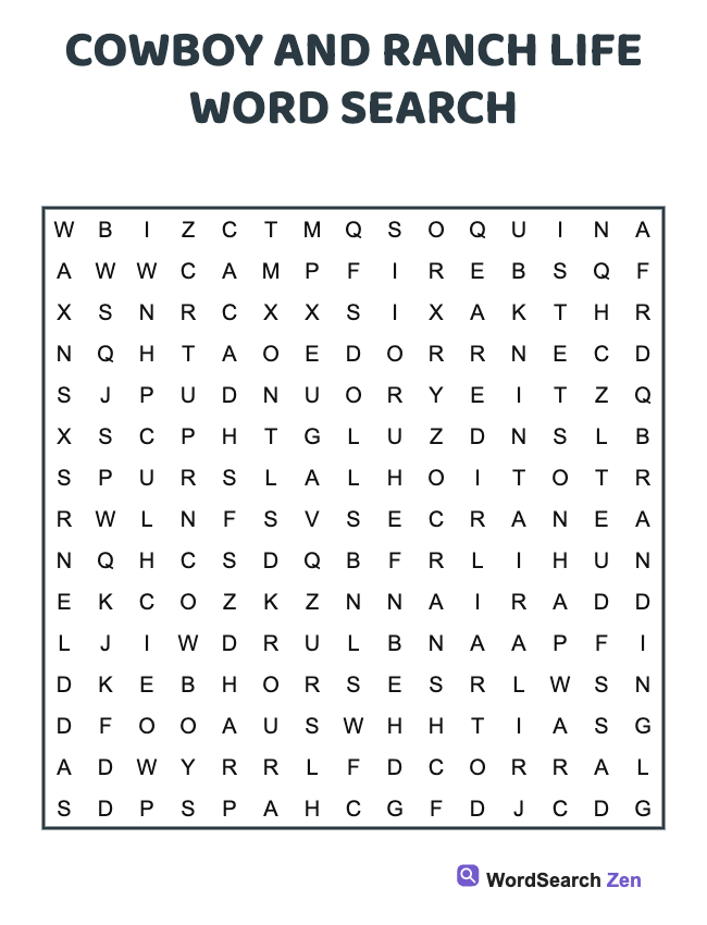 Cowboy And Ranch Life Word Search