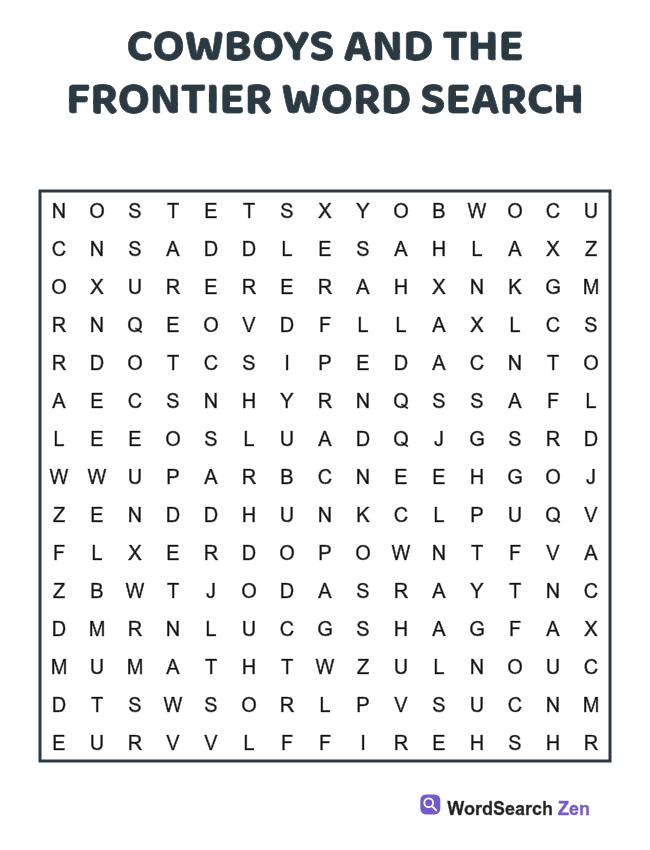 Cowboys and the Frontier Word Search printable puzzle sheet, 15 hidden words