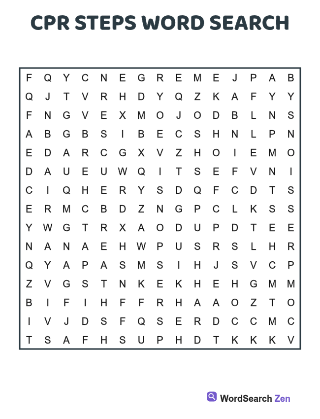 CPR Steps Word Search printable puzzle sheet, 15 hidden words