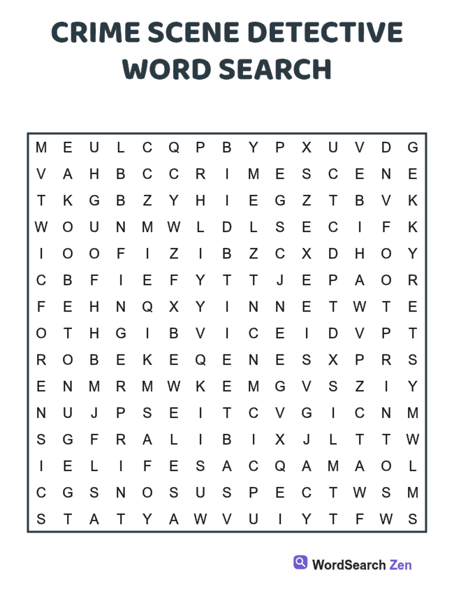 Crime Scene Detective Word Search printable puzzle sheet, 15 hidden words