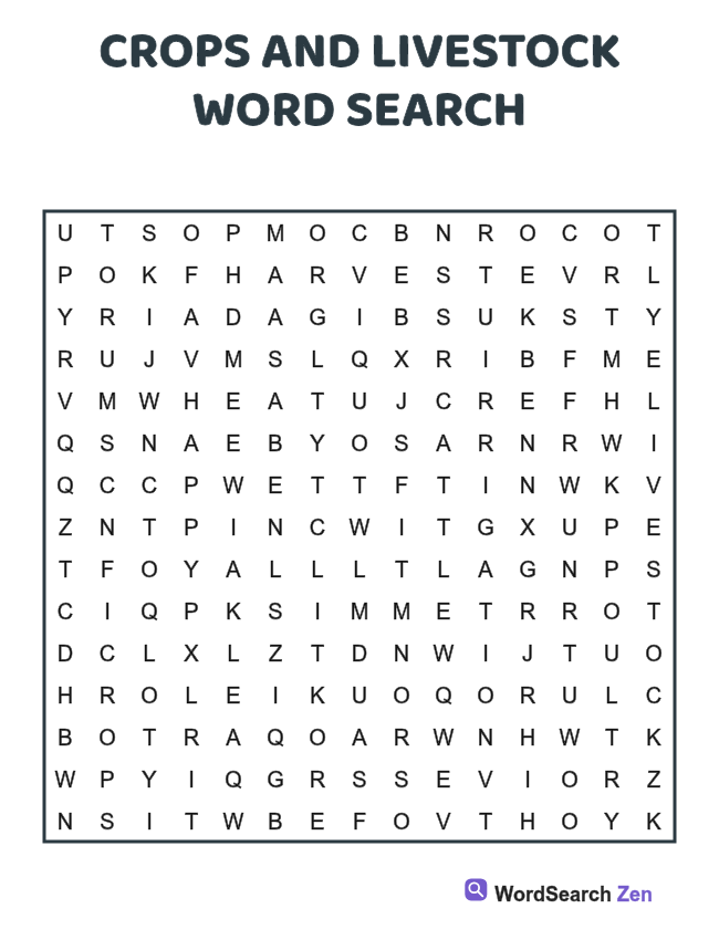 Crops and Livestock Word Search printable puzzle sheet