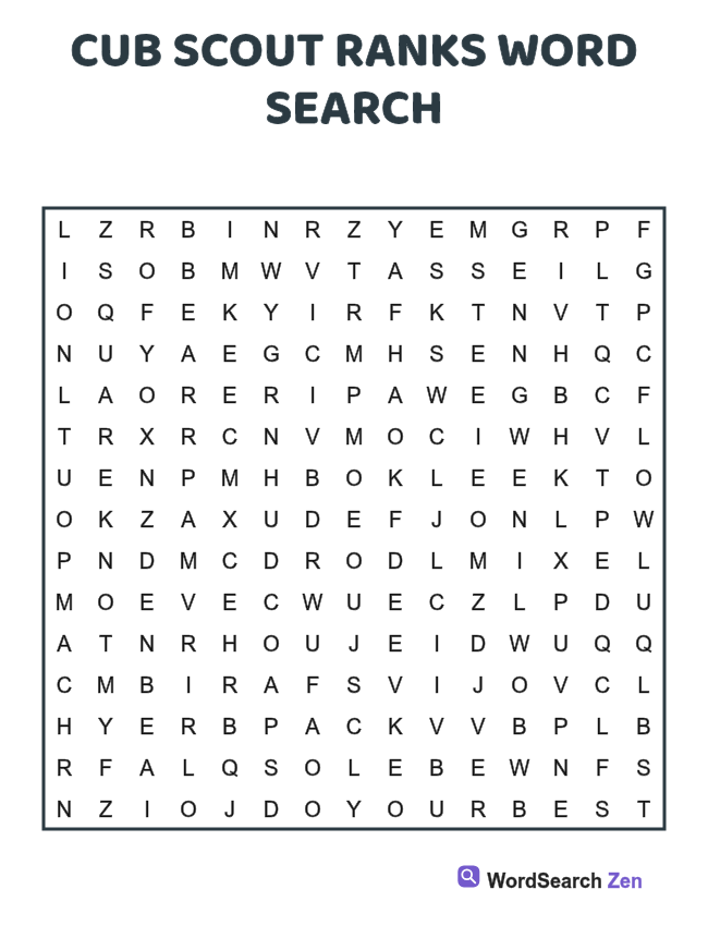 Cub Scout Ranks Word Search printable puzzle sheet, 15 hidden words