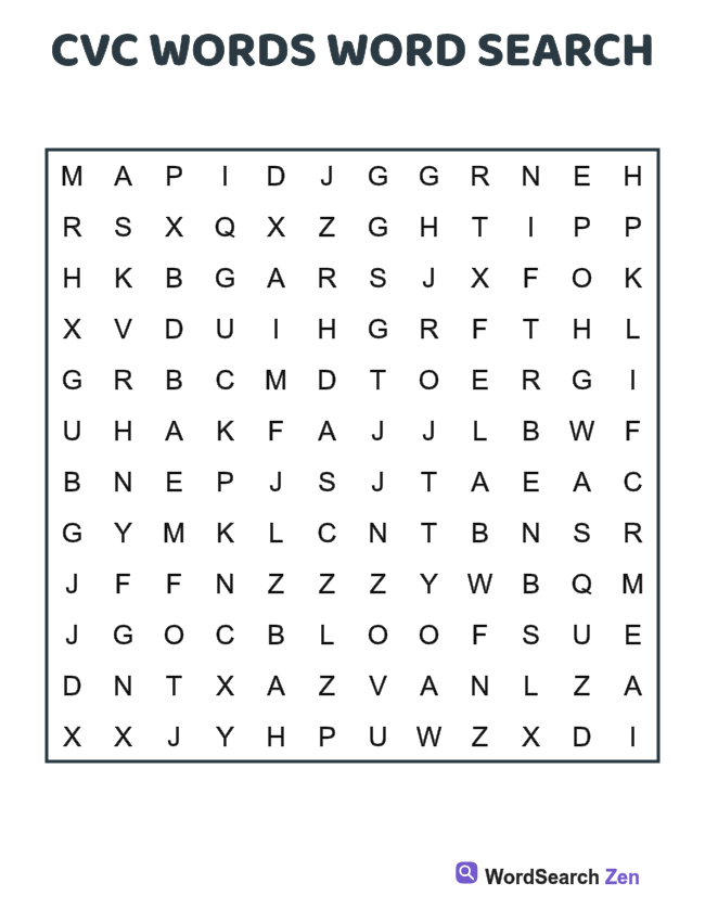 CVC Words Word Search printable puzzle sheet