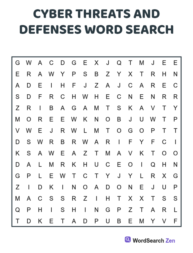 Cyber Threats and Defenses Word Search printable puzzle sheet