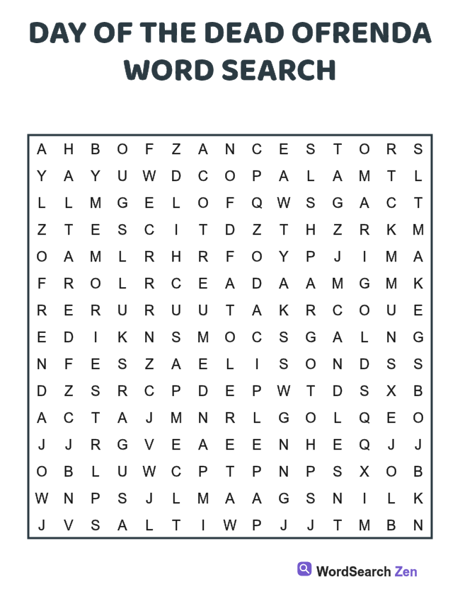 Day of the Dead Ofrenda Word Search printable puzzle sheet