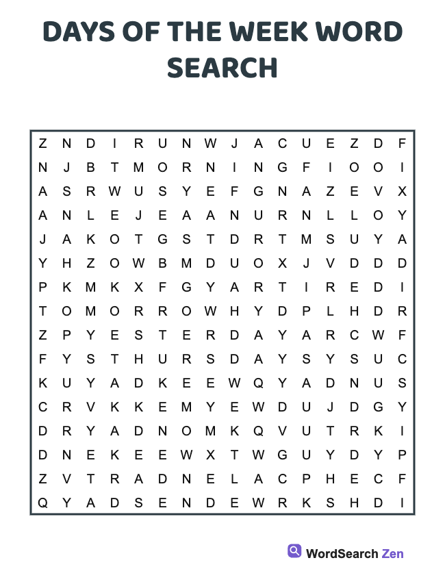 Days Of The Week Word Search
