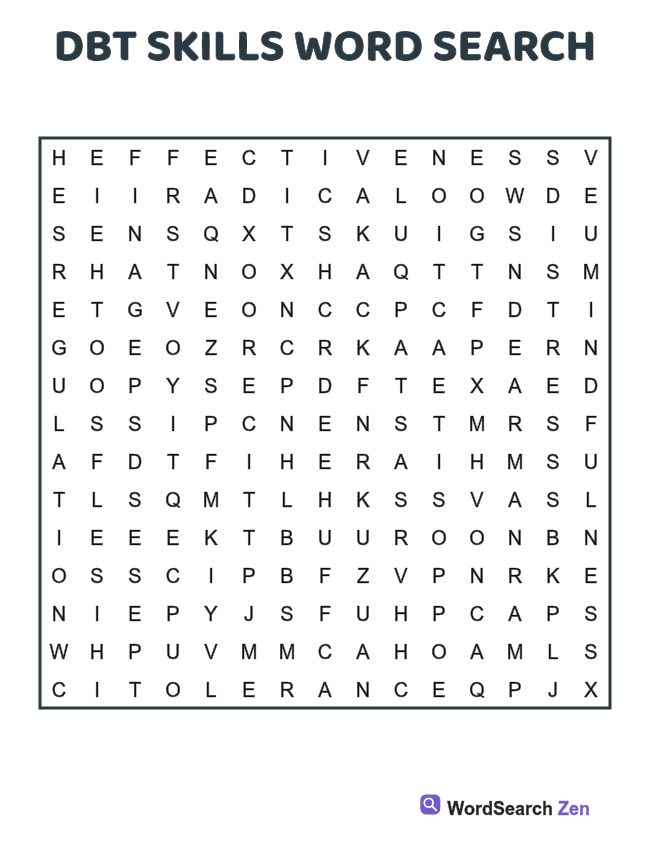 DBT Skills Word Search printable puzzle sheet, 15 hidden words