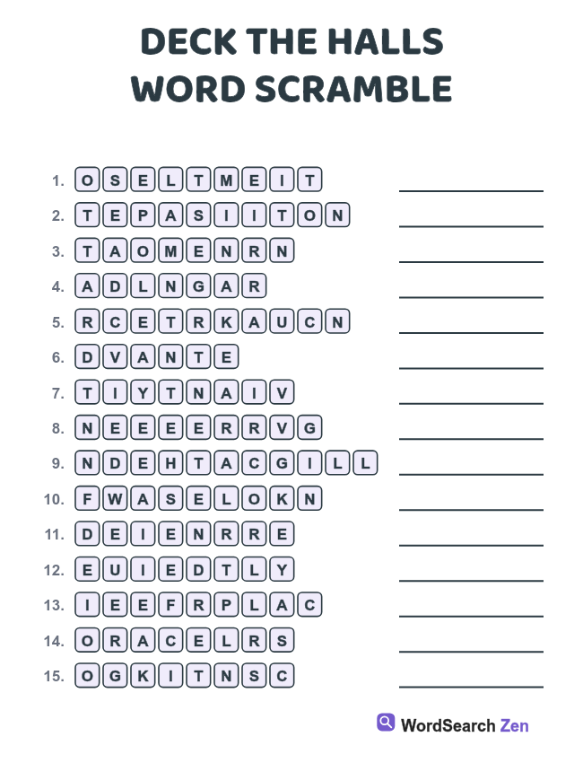 Deck the Halls Word Scramble printable sheet