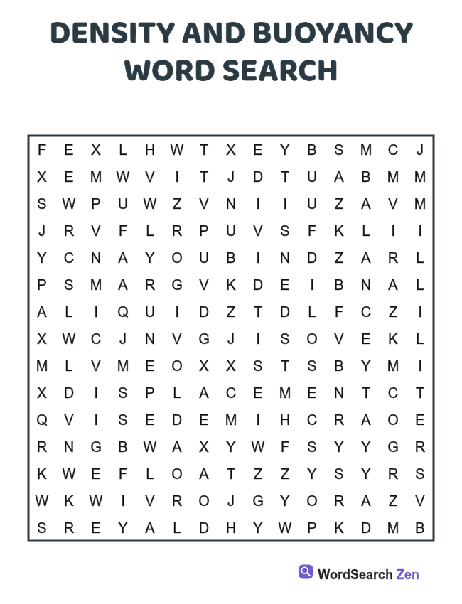 Density and Buoyancy Word Search printable puzzle sheet, 15 hidden words