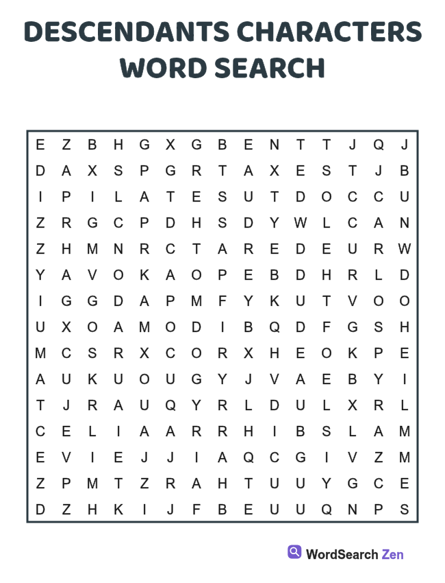 Descendants Characters Word Search printable puzzle sheet, 15 hidden words