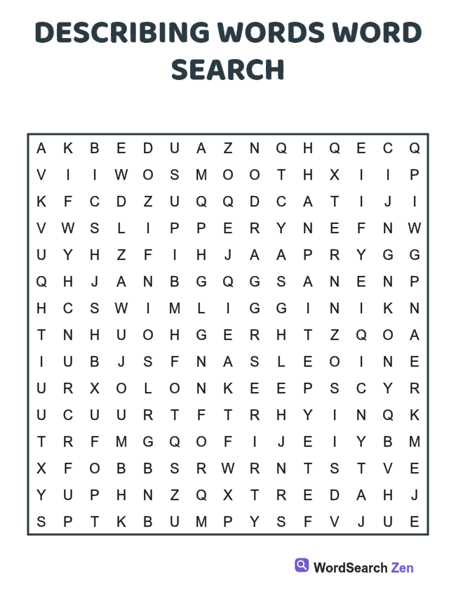 Describing Words Word Search printable puzzle sheet, 15 hidden words