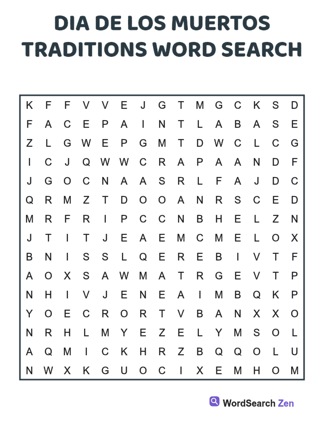 Dia de los Muertos Traditions Word Search printable puzzle sheet