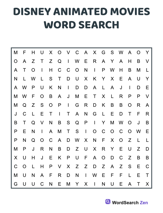 Disney Animated Movies Word Search