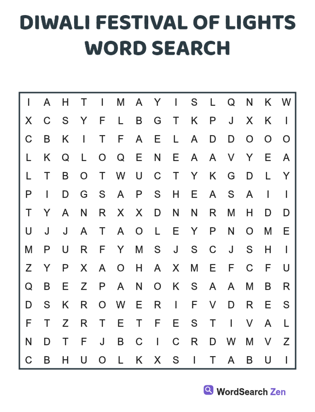 Diwali Festival of Lights Word Search printable puzzle sheet, 15 hidden words