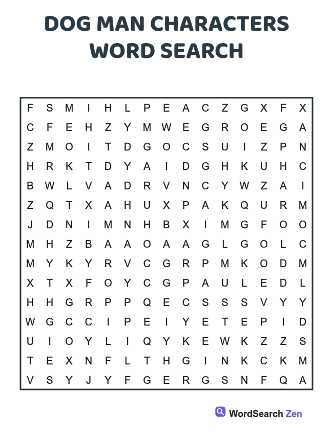 Dog Man Characters Word Search printable puzzle sheet, 15 hidden words