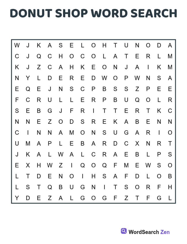 Donut Shop Word Search printable puzzle sheet, 15 hidden words