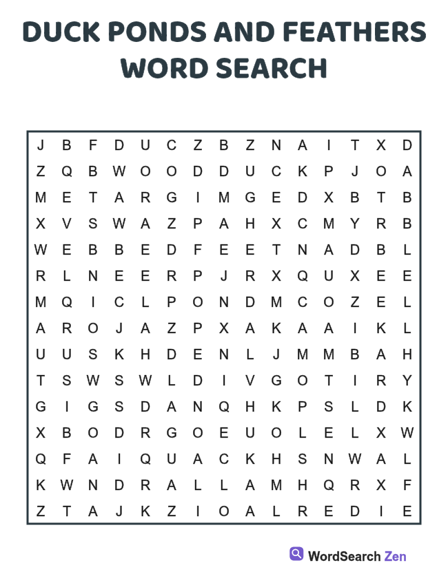Duck Ponds and Feathers Word Search printable puzzle sheet, 15 hidden words