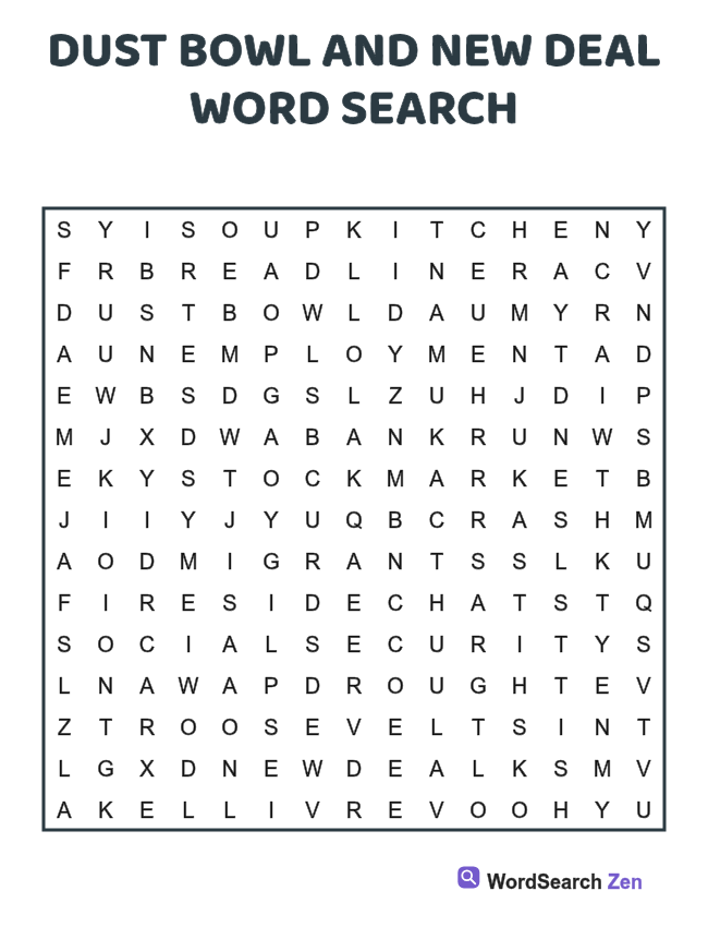 Dust Bowl and New Deal Word Search printable puzzle sheet, 15 hidden words