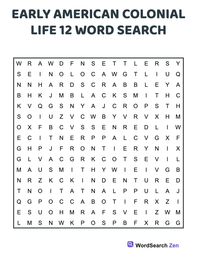 Early American Colonial Life 12 Word Search