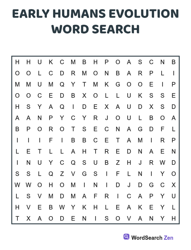 Early Humans Evolution Word Search printable puzzle sheet