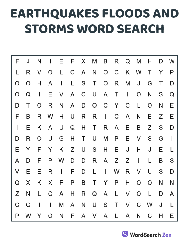 Earthquakes Floods and Storms Word Search printable puzzle sheet