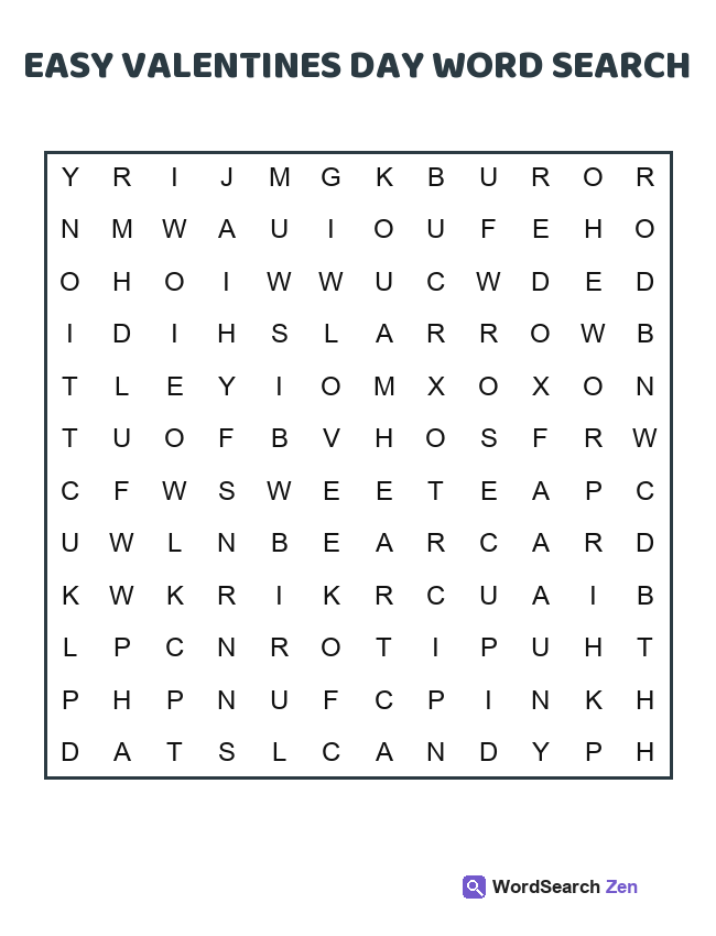 Easy Valentines Day Word Search printable puzzle sheet