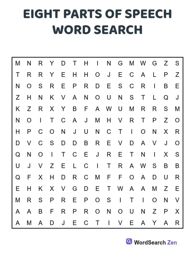 Eight Parts of Speech Word Search printable puzzle sheet