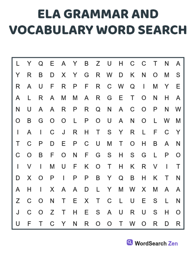 ELA Grammar and Vocabulary Word Search printable puzzle sheet