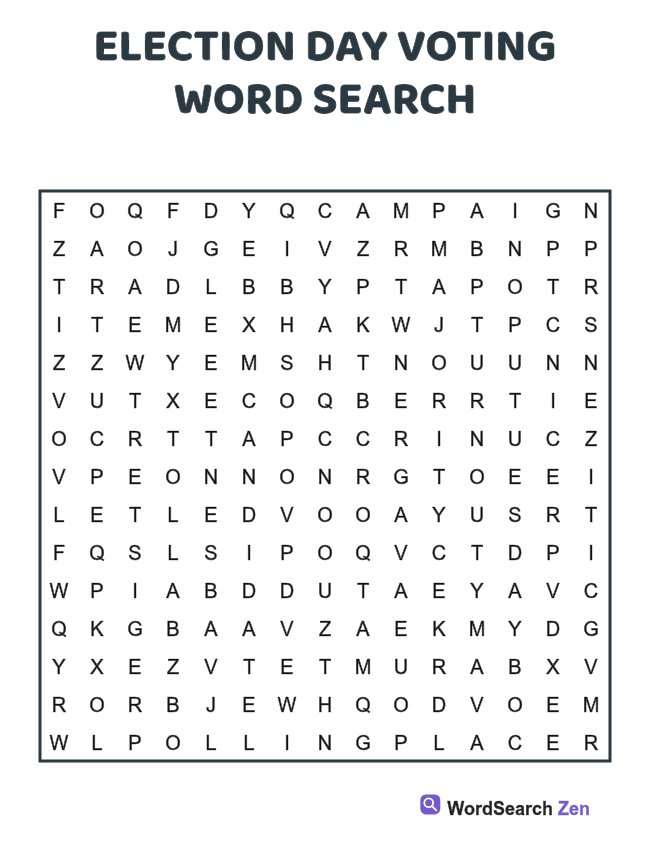Election Day Voting Word Search printable puzzle sheet, 15 hidden words