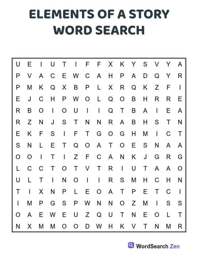 Elements of a Story Word Search printable puzzle sheet, 15 hidden words