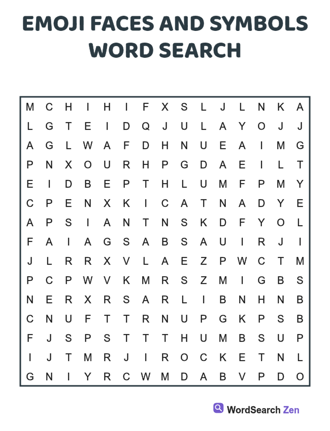 Emoji Faces and Symbols Word Search printable puzzle sheet