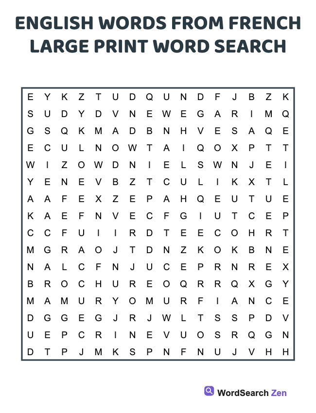English Words From French Large Print Word Search