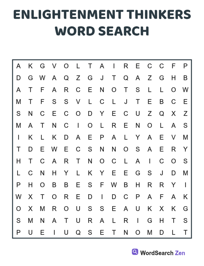 Enlightenment Thinkers Word Search printable puzzle sheet, 15 hidden words