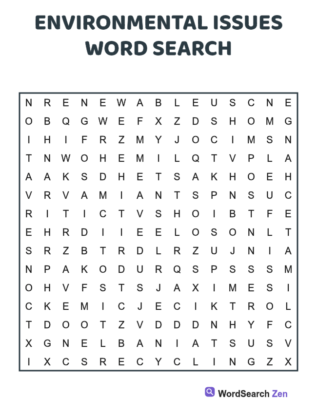 Environmental Issues Word Search printable puzzle sheet