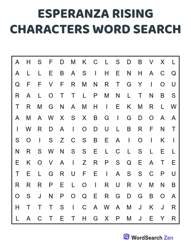 Esperanza Rising Characters Word Search printable puzzle sheet, 15 hidden words
