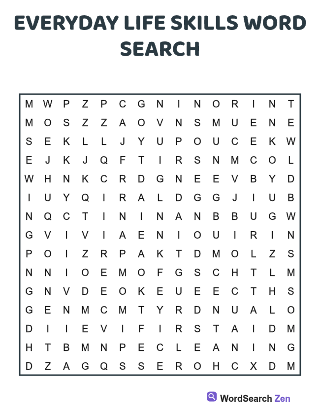 Everyday Life Skills Word Search printable puzzle sheet