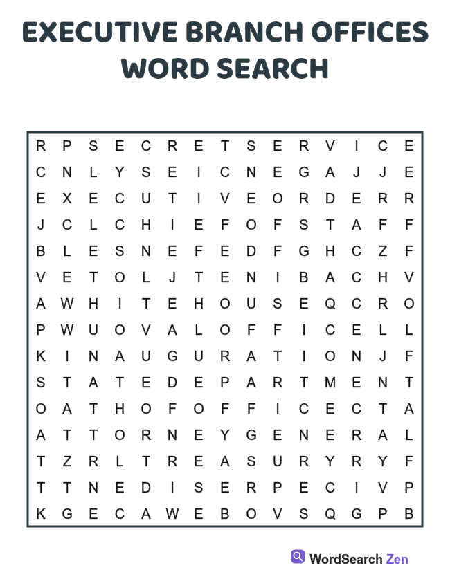 Executive Branch Offices Word Search printable puzzle sheet, 15 hidden words
