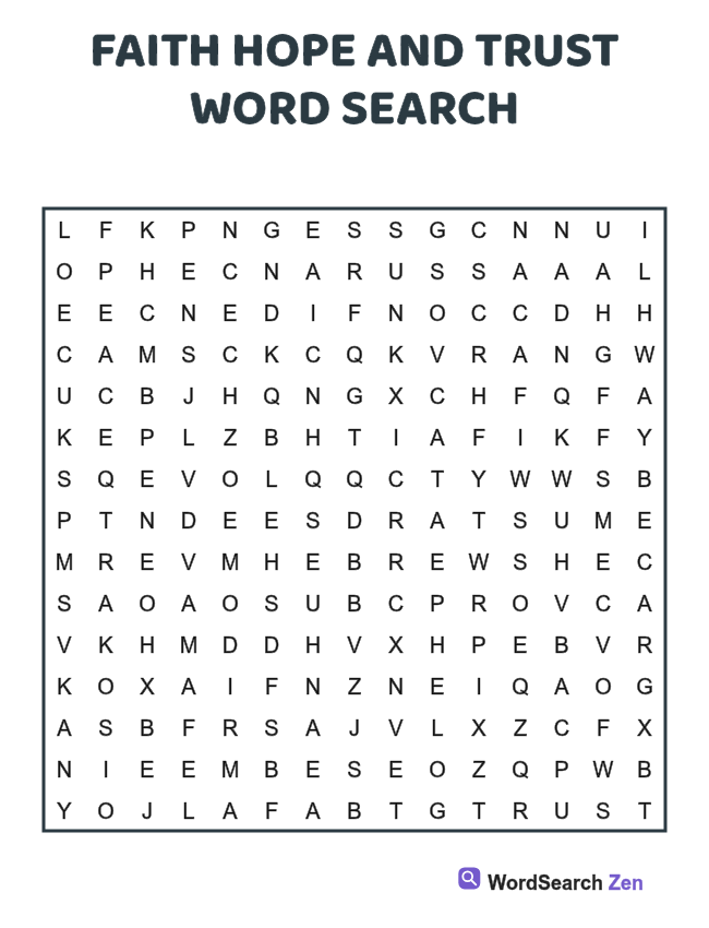Faith Hope and Trust Word Search printable puzzle sheet, 15 hidden words