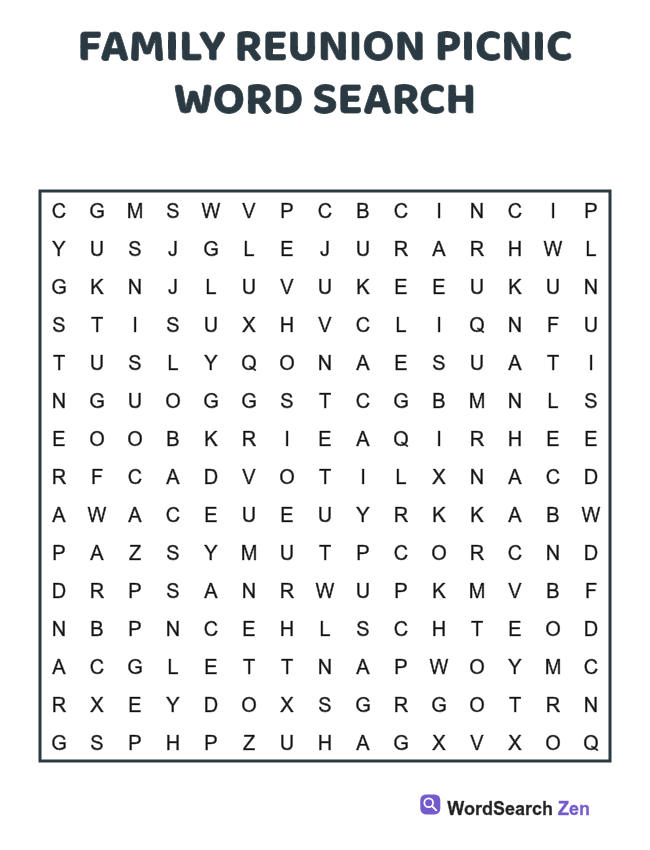 Family Reunion Picnic Word Search printable puzzle sheet, 15 hidden words