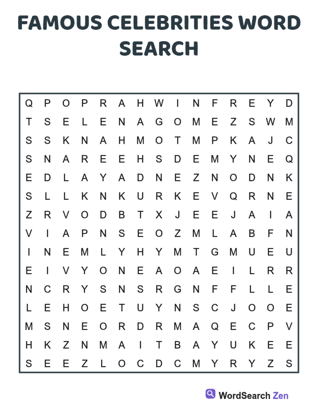 Famous Celebrities Word Search printable puzzle sheet, 15 hidden words