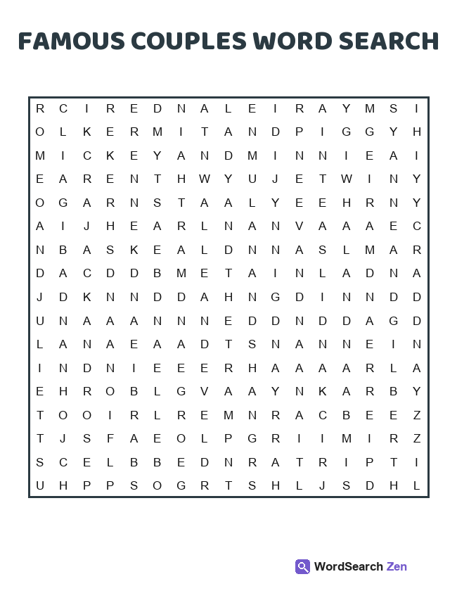Famous Couples Word Search printable puzzle sheet