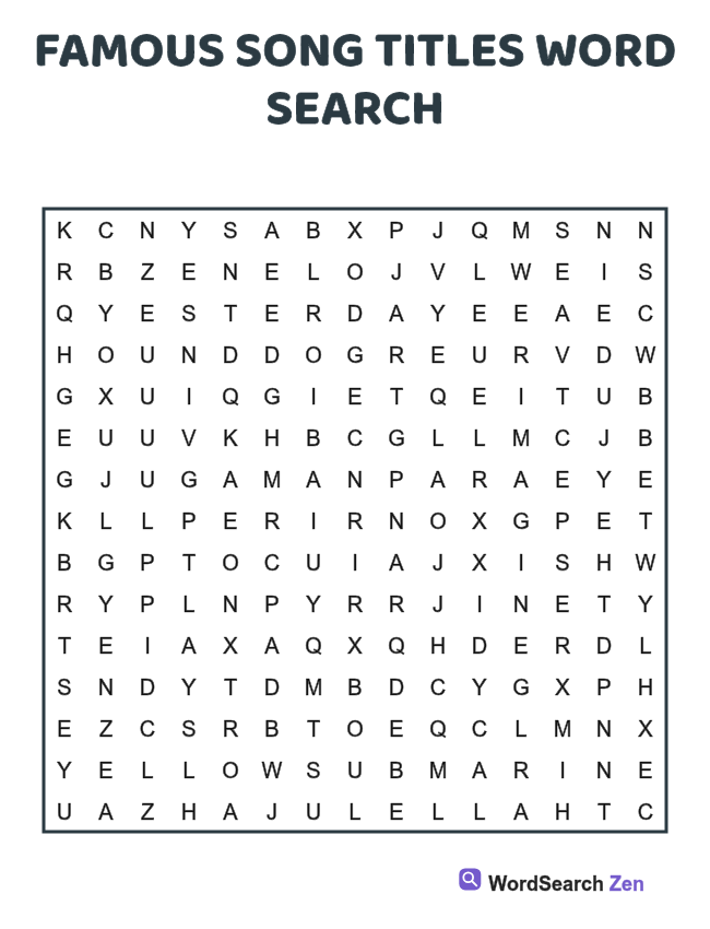 Famous Song Titles Word Search printable puzzle sheet, 15 hidden words