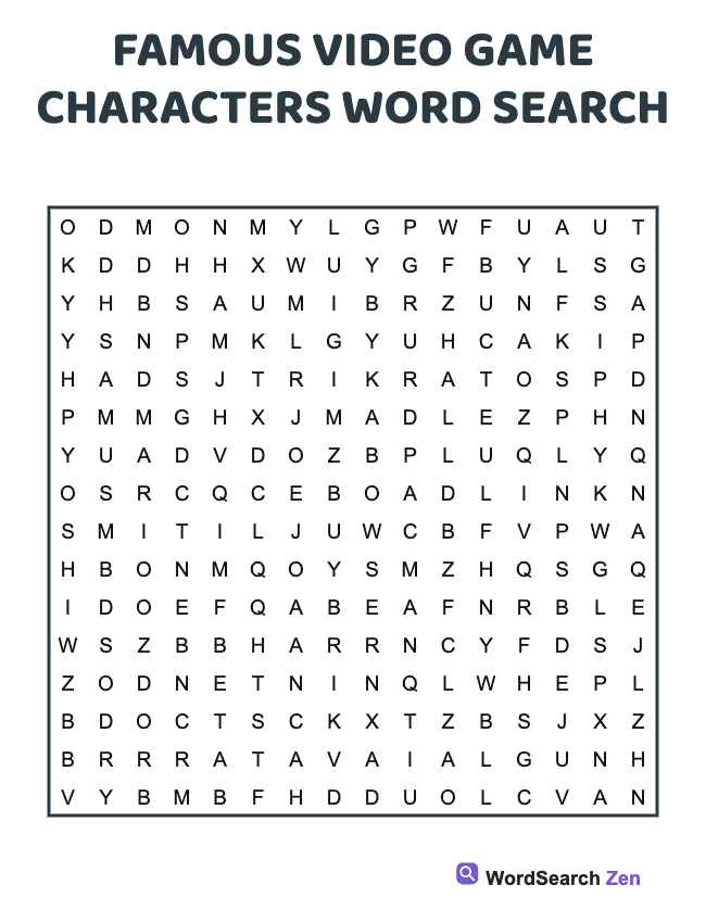 Famous Video Game Characters Word Search