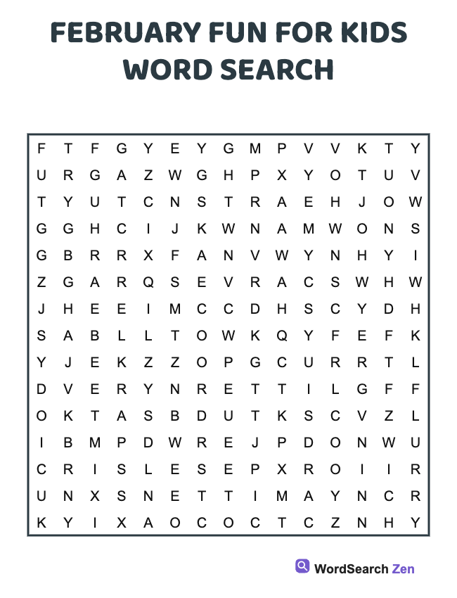 February Fun For Kids Word Search
